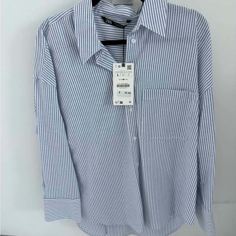 Zara Men's Casual Blue and White Striped Shirt